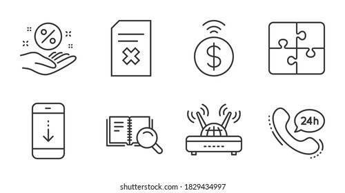 Los iconos de la línea de archivos Puzzle y Delete están configurados para pagos sin contacto. Servicio las 24 horas, Desplazarse hacia abajo y Porcentaje de préstamos. Libro de búsqueda, símbolos Wifi. Iconos de línea de calidad. Insignia de pago sin contacto. Vector