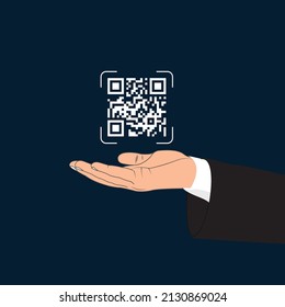 Pago sin contacto, código QR en la ilustración de vectores aislados de mano del hombre de negocios