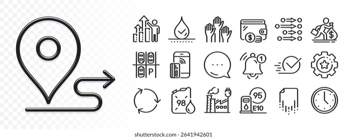 Contactless payment, Recycling and Parking place line icons for web app. Glare of light effect. Message icon. Pack of Petrol station, Wallet, Reminder pictogram icons. Vector