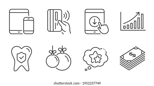 Pago sin contacto, Desplazarse hacia abajo y los iconos de línea de dispositivos móviles se establecen. Estrellas de clasificación, seguro dental y signos de bola de Navidad. Gráfica, símbolos del dólar. Iconos de línea de calidad. Vector