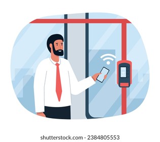 Contactless payment service in public transport, a man pays for a ticket using a phone