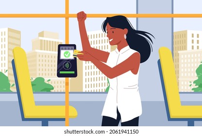 Contactless payment service for ticket vector illustration. Cartoon female passenger holding credit card, woman paying in public transport. Safe cashless payment, digital system technology concept