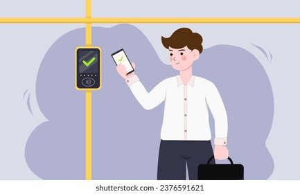 Servicio de pago sin contacto para la ilustración del vector de boletos. Hombre de caricatura con tarjeta de crédito, hombre que paga en transporte público. Pago seguro sin efectivo, concepto de tecnología de sistemas digitales.