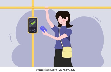 Unberührter Zahlungsservice für Ticket-Vektorgrafik. Cartoon weibliche Passagiere, die Kreditkarte besitzen, Frau, die in öffentlichen Verkehrsmitteln zahlt. Sichere bargeldlose Zahlung, Konzept der digitalen Systemtechnologie.