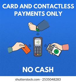 contactless payment sign with text that reads "Card and Contactless Payments Only" and "No Cash." includes icons of various payment methods: a credit card, a smartwatch and smartphone with edc machine