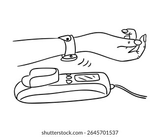 Contactless payment with smart wristband and wireless terminal drawn in simple black line style. Concept of modern transaction, wearable technology and cashless convenience