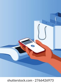 Contactless Payment with Smartphone – NFC Mobile Payment at POS Terminal Flat Vector Illustration