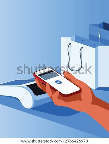 Contactless Payment with Smartphone – NFC Mobile Payment at POS Terminal Flat Vector Illustration