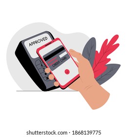 Contactless payment with a smartphone NFC technology. Human hand holding telephone. Payment terminal for credit cards. New normal. Stock vector flat concept illustration isolated on white background.