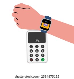 Contactless payment with smartwatch. Minimalist vector illustration. Ideal for fintech, digital banking, e-commerce, and cashless transaction topics.