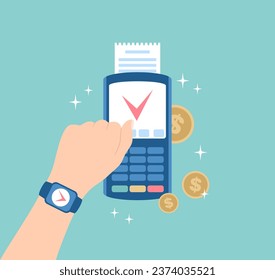 Pago sin contacto con reloj inteligente en terminal POS. Ilustración vectorial en estilo plano 