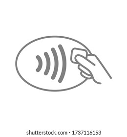 Contactless Payment Symbol. NFC Wireless Pay Technology Outline Icon. Hand With Credit Card And Wifi Waves. Pos Terminal Tap To Pay Concept. Vector Flat Graphic Design Illustration