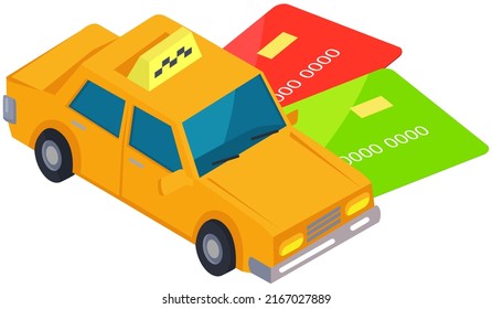 Contactless payment for taxi service. Yellow car on debit or credit cards vector illustration. Design element of application for ordering passenger transport. Taxi automobile, vehicle and payment