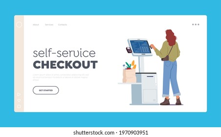 Contactless Payment Technologies Landing Page Template. Female Character In Supermarket Stand At Checkout Self Service With Pos Terminal For Cashless Paying For Grocery. Cartoon Vector Illustration