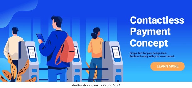 Tecnología de pago sin contacto personas que utilizan dispositivos digitales puertas de torniquete fondo urbano moderno Anuncio de Sitio web de gradiente azul