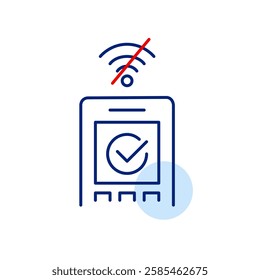 Contactless payment terminal, checkmark and no wi-fi symbol. Offline transactions. Pixel perfect, editable stroke vector icon