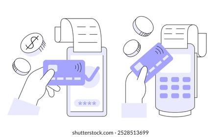 Terminal de pagamento sem contato com cartão de crédito. Ilustração de vetor plano.