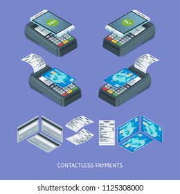 Contactless payment terminal. Images of payment machine, credit card and invoice. Isometric composition. Highly detailed vector illustration
