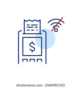 Contactless payment terminal, receipt, dollar sign and no wi-fi symbol. Disconnected, offline mode. Pixel perfect, editable stroke vector icon