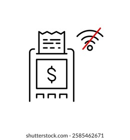 Contactless payment terminal, receipt, dollar sign and no wi-fi symbol. Disconnected, offline mode. Pixel perfect, editable stroke vector icon