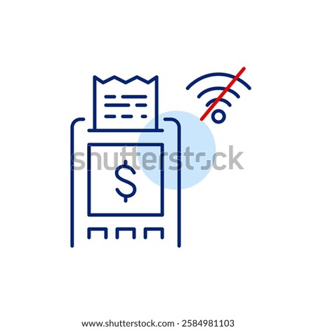 Contactless payment terminal, receipt, dollar sign and no wi-fi symbol. Disconnected, offline mode. Pixel perfect, editable stroke vector icon