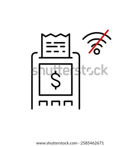 Contactless payment terminal, receipt, dollar sign and no wi-fi symbol. Disconnected, offline mode. Pixel perfect, editable stroke vector icon