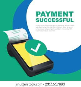 Contactless payment terminal. Successful payment on an illustrated vector POS point of sale machine. Online banking, Secure cashless, NFC Payment Safety. It can be used a social media post.