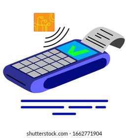 Contactless payment through the NFC chip. Color vector image of POS terminal, NFC technology, in flat style. Stock image of successful payment for online stores, orders, delivery and sites.