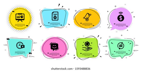 Contactless payment, Time and Employee hand line icons set. Chat bubbles with quotes. Smartphone broken, Update data and Smile face signs. Technical documentation, Presentation symbols. Vector