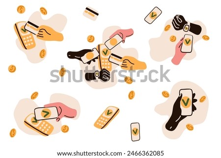 Contactless payment transaction. Person hand paying with card, smartphone, smartwatch with POS terminals and NFC technology. Doodle flat vector illustration