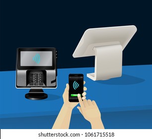 Contactless payment transaction terminal with display and pinpad. Wireless payment. POS terminal, MSR, EMV, NFC smartphone with pay button, hand holding and paying by phone. Cash register. Vector.