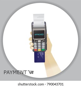 Contactless payment transaction terminal with display and pinpad. Wireless payment. MSR, EMV, NFC, hand holding credit card inserted in pos terminal. Wi fi sign. Vector.