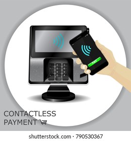 Contactless payment transaction terminal with display and pinpad. Wireless payment. POS terminal, MSR, EMV, NFC smartphone with pay button. Wi fi sign. Vector.