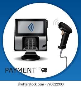 Contactless payment transaction terminal with display and pinpad. Wireless payment. POS terminal, MSR, EMV, NFC, and laser barcode scanner. Wi fi sign. Vector.