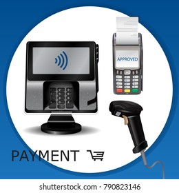 Contactless payment transaction terminal with display and pinpad. Wireless payment. POS terminal, MSR, EMV, NFC, and laser barcode scanner. Wi fi sign. Vector.