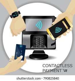 Contactless payment transaction terminal with display and pinpad. Wireless payment. POS terminal, MSR, EMV, NFC smartphone with pay button, hand holding credit card, smartwatch. Vector set.