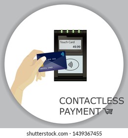 Contactless payment transaction touch card with display and pinpad. Credit card. Wireless payment. POS terminal, MSR, EMV, NFC. Wi fi sign. Vector. 