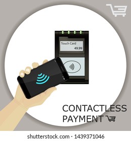 Contactless payment transaction touch card with display and pinpad. Hand holding smartphone.  Wireless payment. POS terminal, MSR, EMV, NFC. Wi fi sign. Vector. 