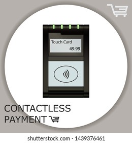 Contactless payment transaction touch card with display and pinpad. Wireless payment. POS terminal, MSR, EMV, NFC. Wi fi sign. Vector. 