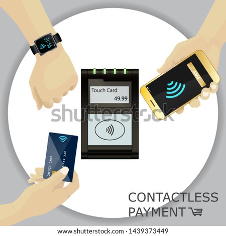 Contactless payment transaction touch card with display and pinpad. Hand holding smartphone, credit card, smart watch.  Wireless payment. POS terminal, MSR, EMV, NFC. Wi fi sign. Vector. 