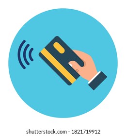 Contactless payment using credit card. Cashless payment, credit card and hand. Vector wireless NFC and contactless pay flat icon.