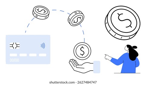 Contactless payment using a credit card and coins being exchanged. Ideal for finance, transactions, contactless payments, digital banking, and modern financial systems. Minimalist vector style