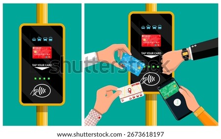 Contactless payment using credit card, smartphone or smartwatch for city public transport. Digital ticketing and modern convenience.