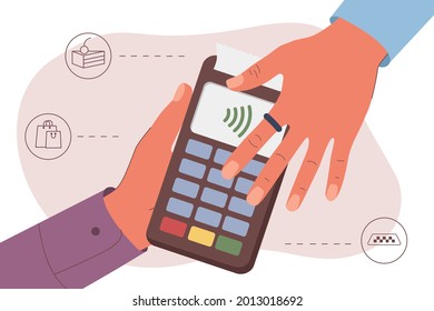 Contactless payment using the nfc ring. Payment for various purchases through the terminal. Vector illustration in flat style