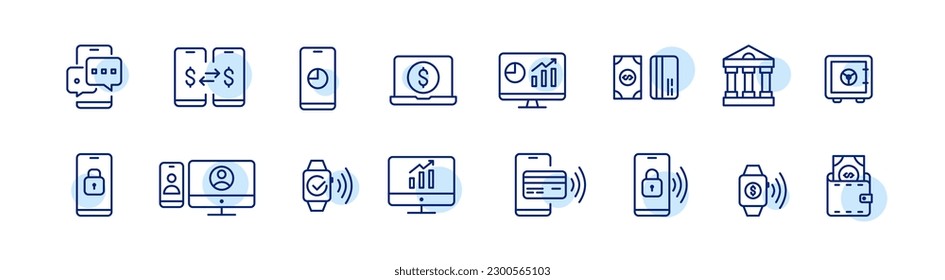 Contactless payment using NFC technology. Smartphone, smart watch, wallet and p2p transactions. Pixel perfect, editable stroke icons