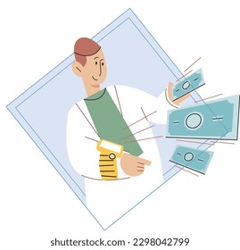Contactless payment using smart watches concept with male cartoon character making payment wireless for purchases with his wearable electronic wristwatch. Mobile cashless, banking app and e-payment