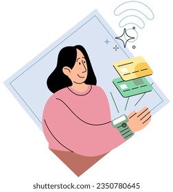 Contactless payment using smart watches concept with female making payment wireless for purchases with his wearable electronic wristwatch. Mobile cashless, banking app and e-payment, electronic money