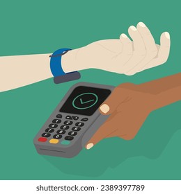 Contactless payment using smart watches. Successful payment. Vector illustration