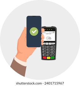 kontaktlose Zahlung über ein Smartphone. Die Hand eines Mannes hält ein Smartphone