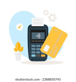 Contactless payment vector flat illustration with terminal and bank card